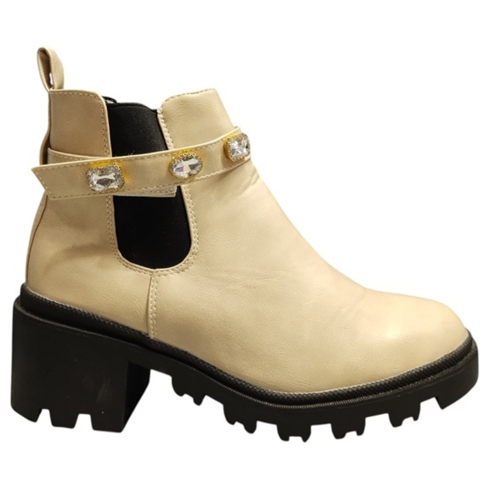 Nicole Miller New York Chelsea Boots Women US 9 Tan Black Rhinestone Chunky Heel